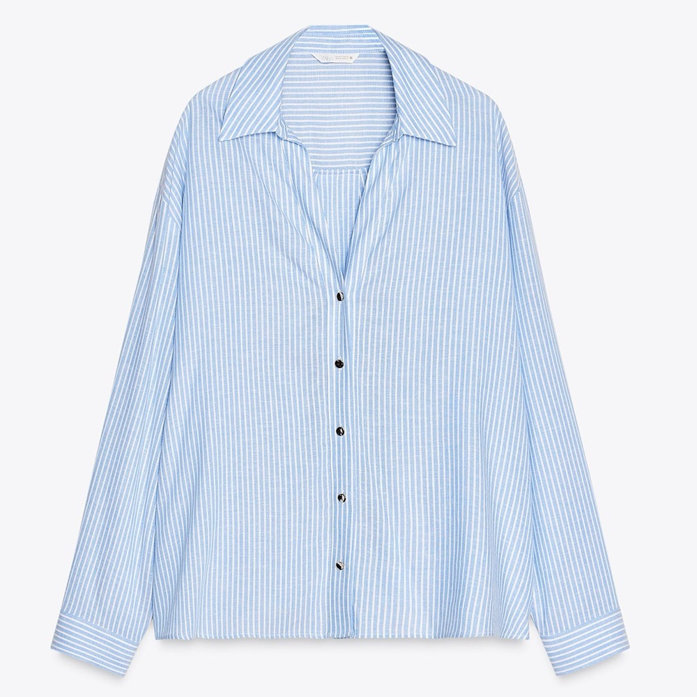 ZARA STRIPED LINEN BLEND SHIRT BLUE / WHITE